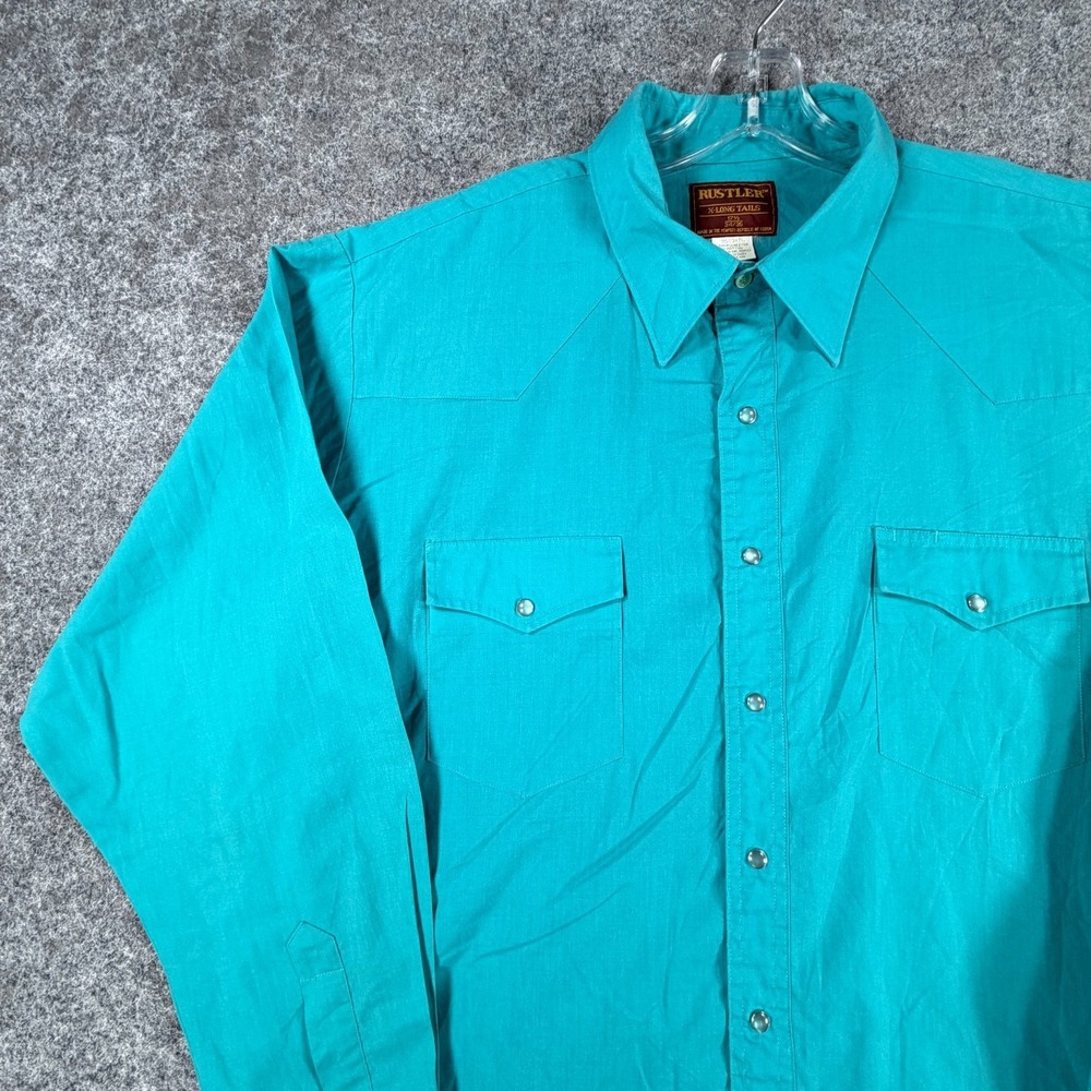Vintage 90s Rustler Western Shirts Mens XL Tall Teal Pop Preppy Pearl Snap Roper - Picture 8 of 16